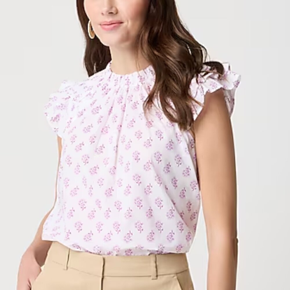 J. Crew Flutter Sleeve Lightweight Cotton Purple Floral Print Top Size S NWT